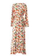 Aquilegia print wrapped satin modest dress Kabayare