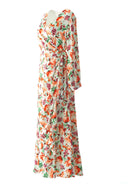 Aquilegia print wrapped satin modest dress Kabayare