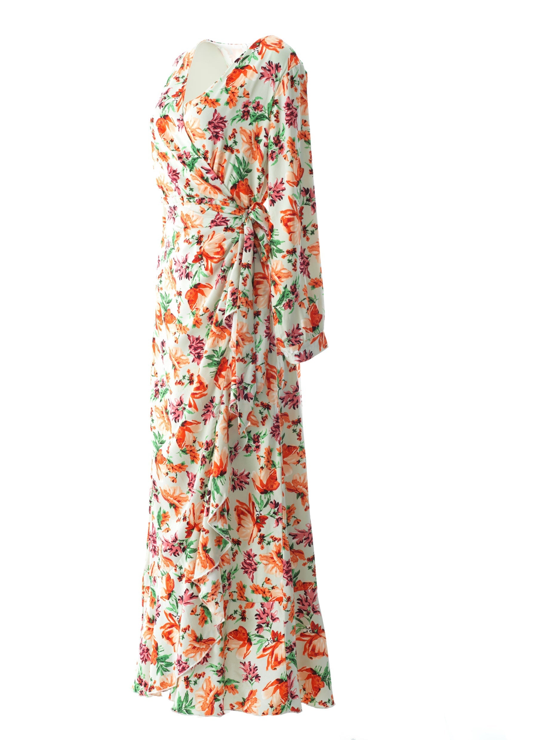 Aquilegia print wrapped satin modest dress Kabayare