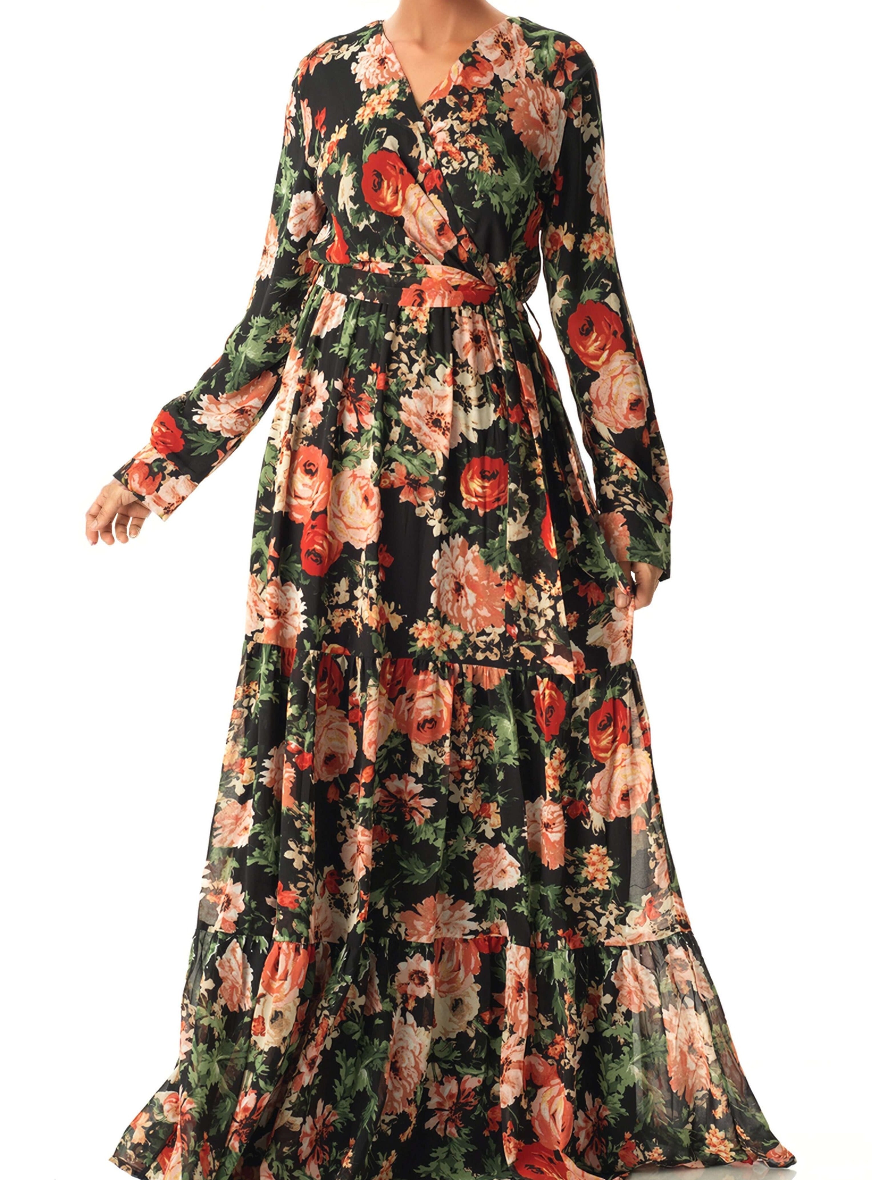 Black Bloom Blush Floral Print Maxi Dress Kabayare