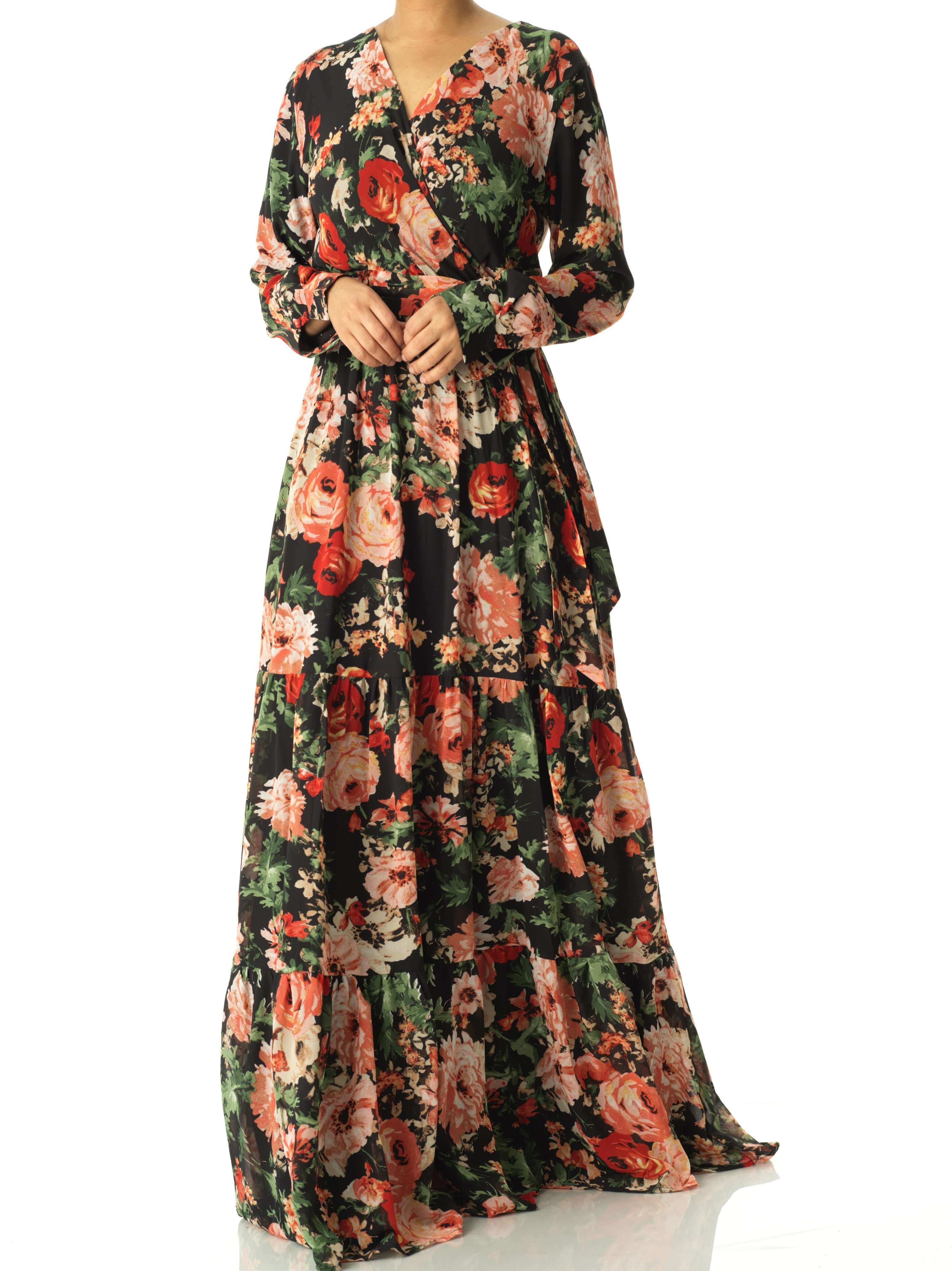 Black Bloom Blush Floral Print Maxi Dress Kabayare