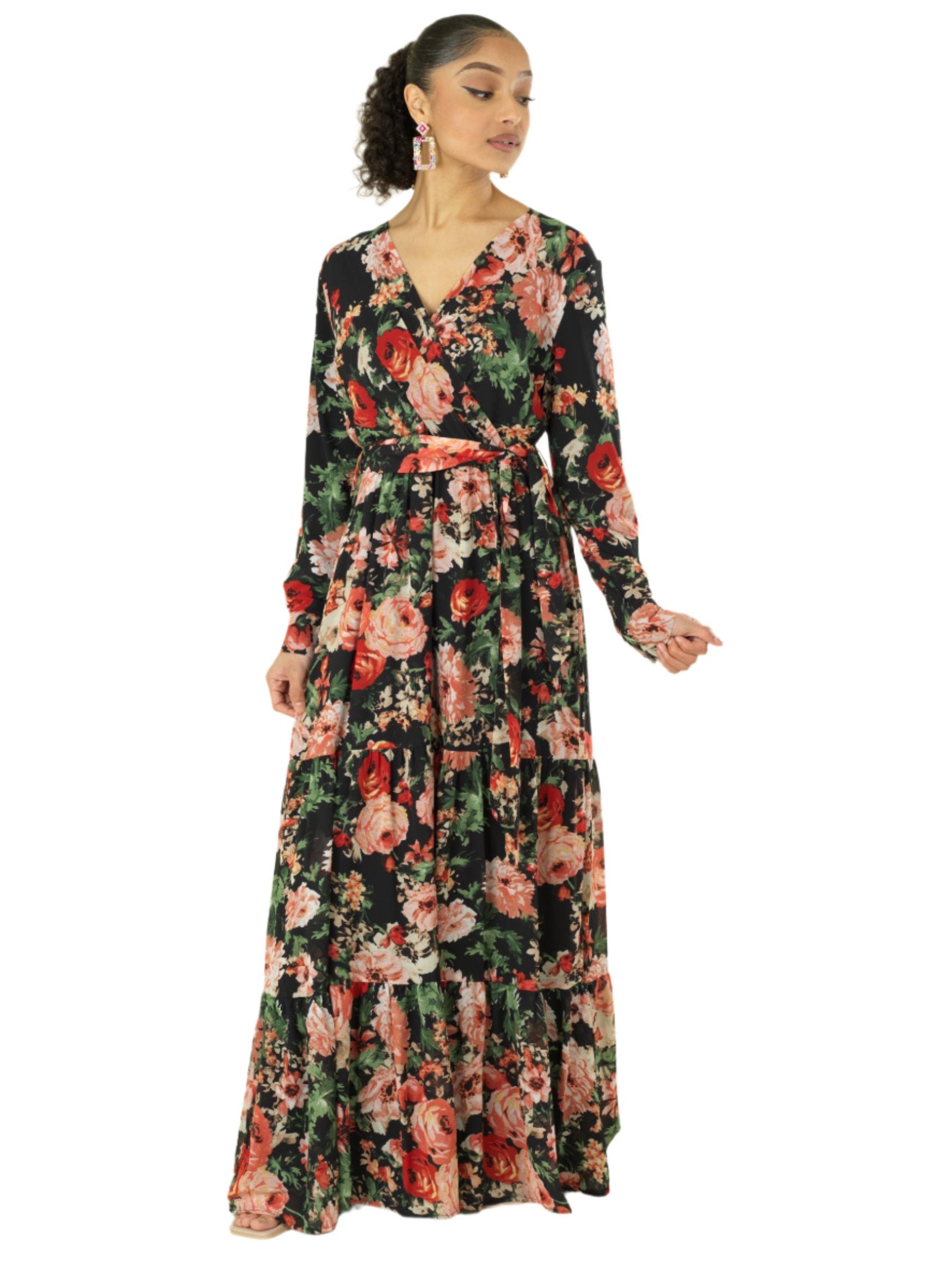 Black Bloom Blush Floral Print Maxi Dress Kabayare