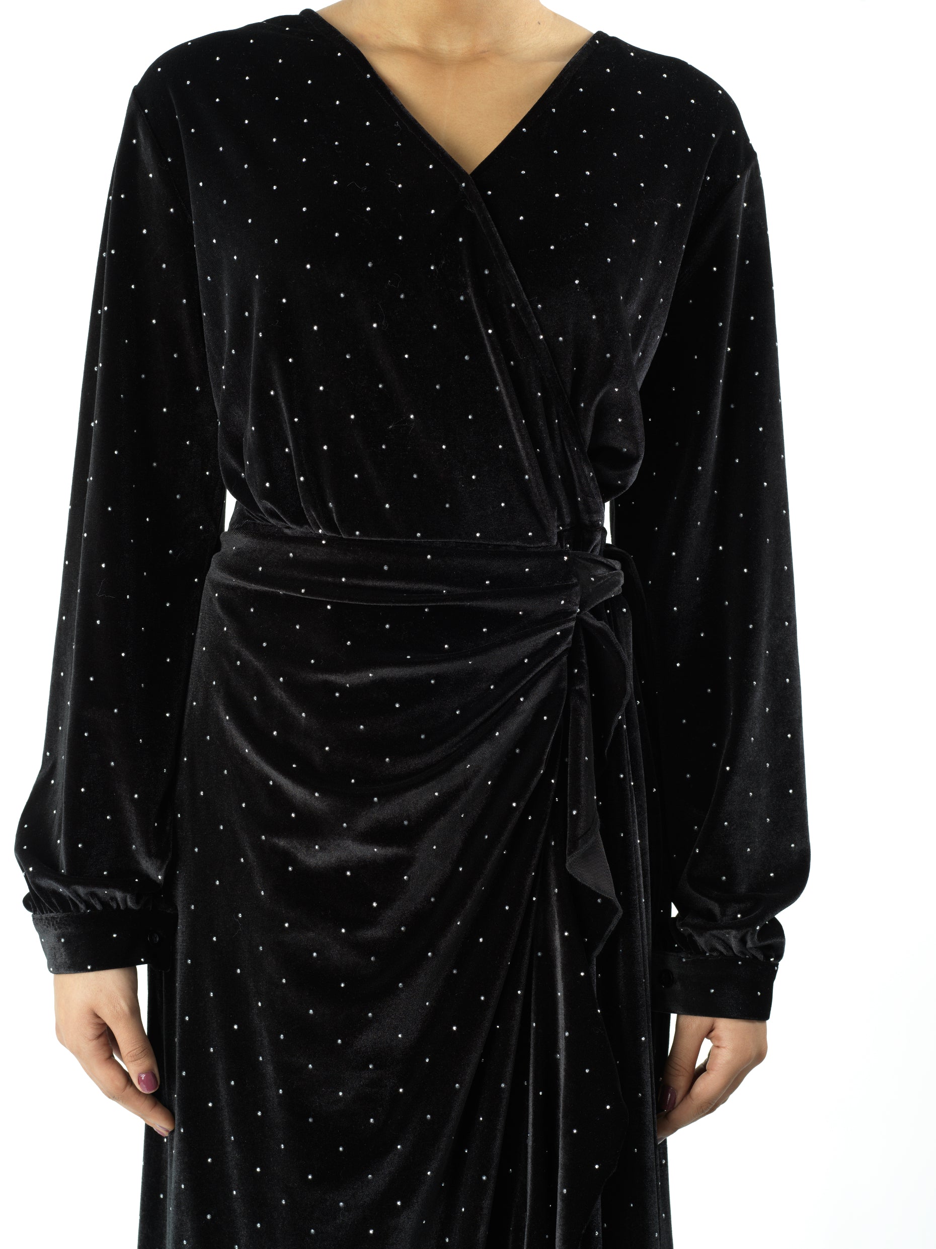 Black wrapped velvet modest maxi dress Kabayare