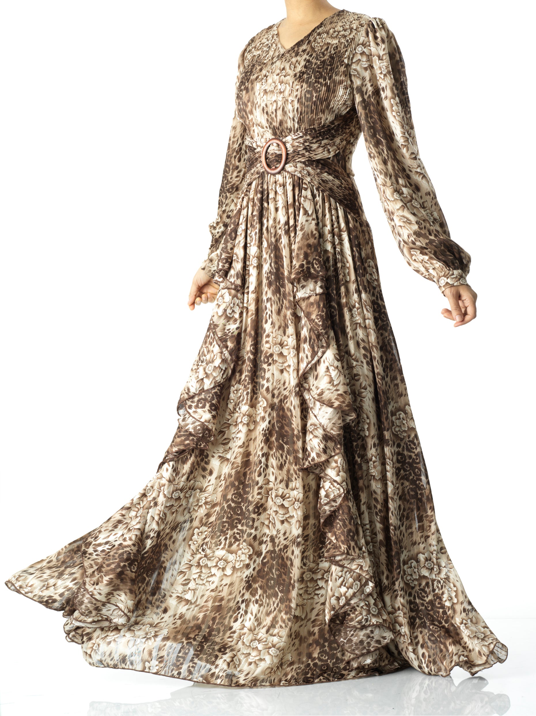 Chestnut brown cheetah floral print maxi dress Kabayare