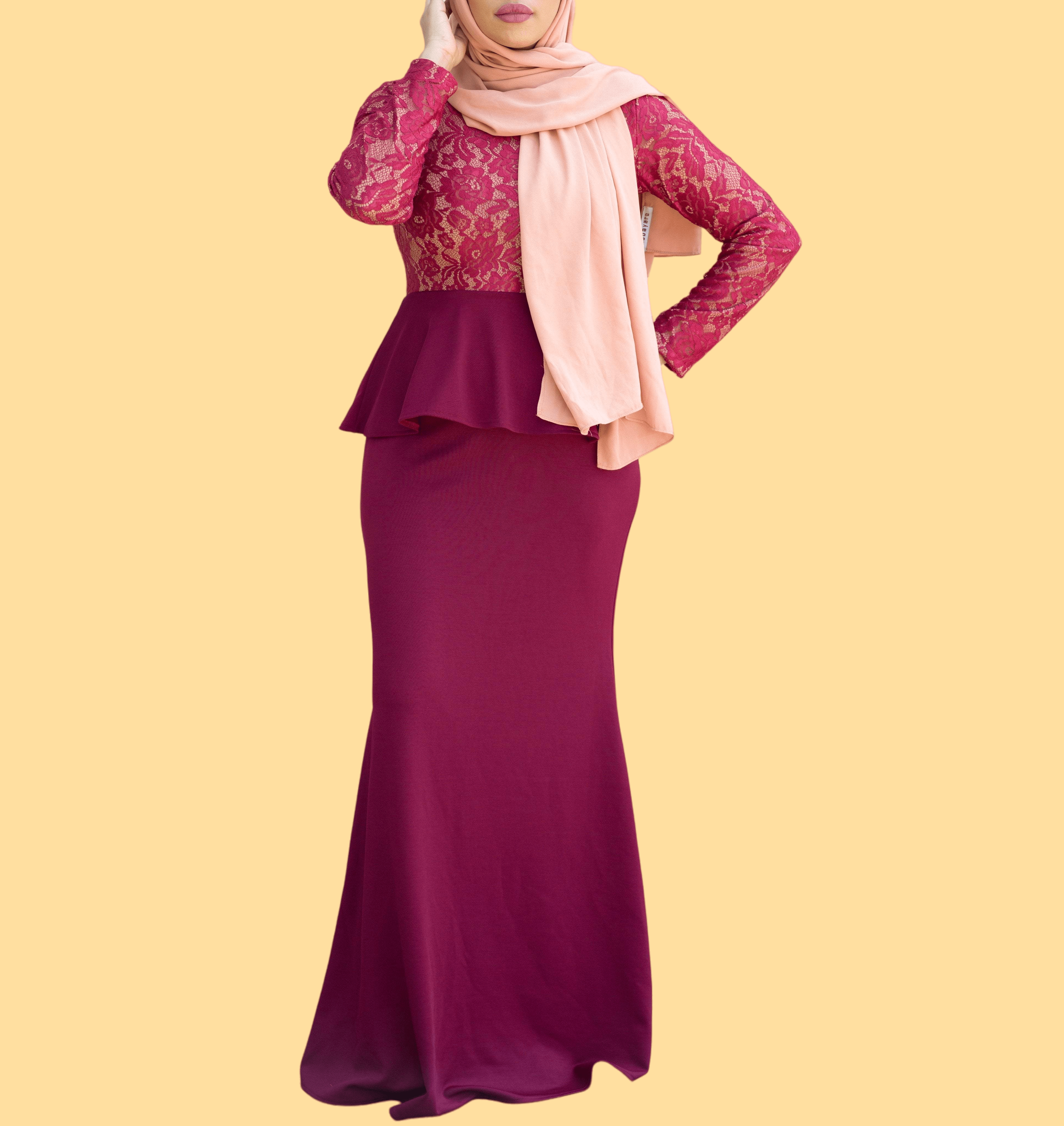 Deep red  lace-top peplum dress Kabayare