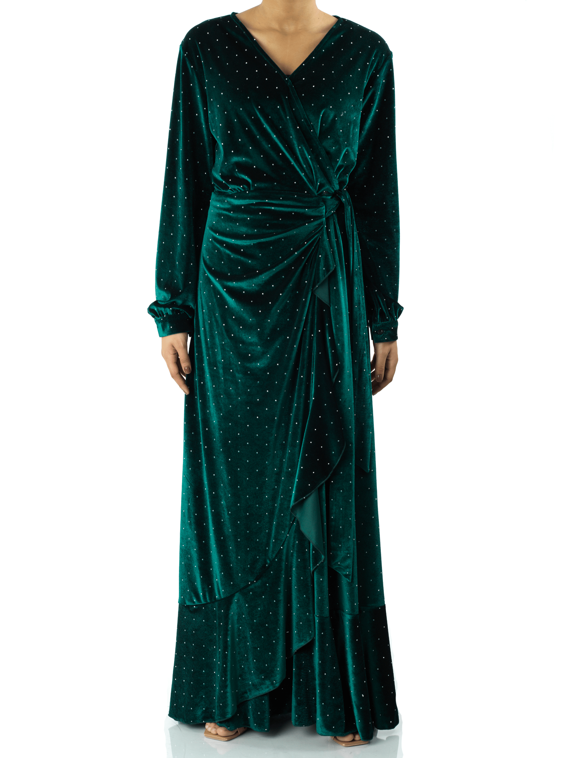 Emerald wrapped velvet modest maxi dress Kabayare