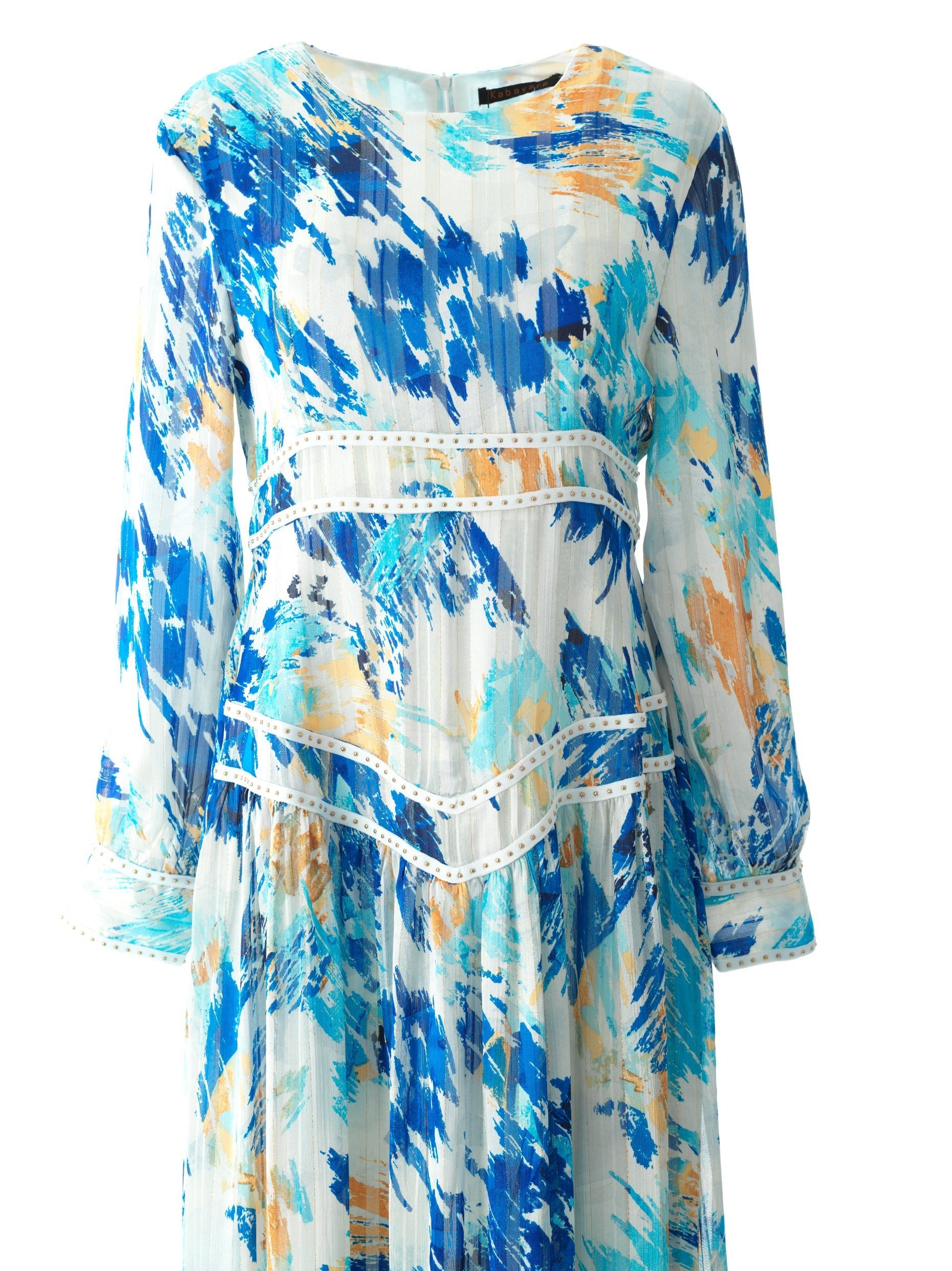 Hiba Abstract print silk chiffon shimmer maxi dress Kabayare