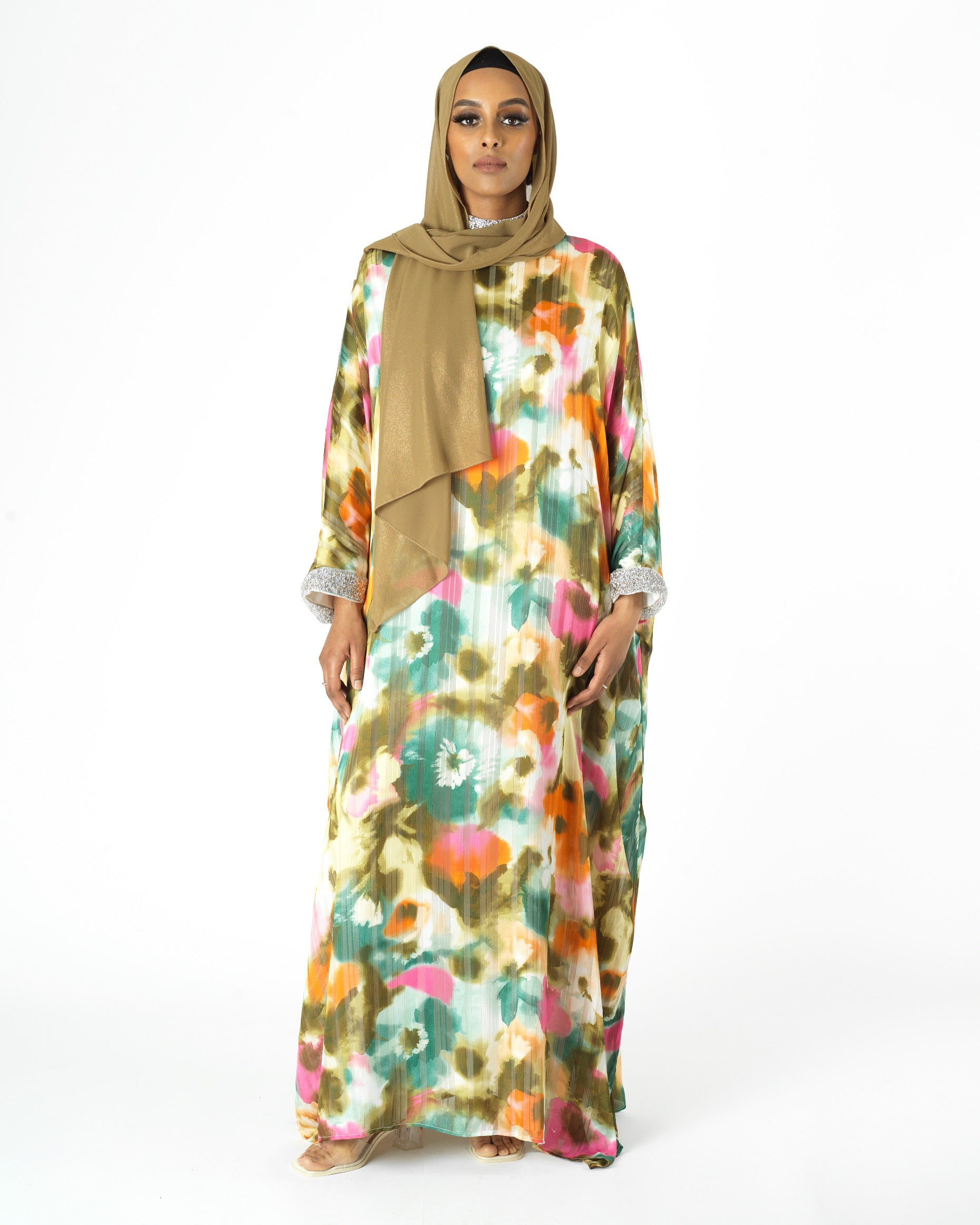 Kaftan abaya  Zohra Olive tone silk chiffon shimmer Kabayare