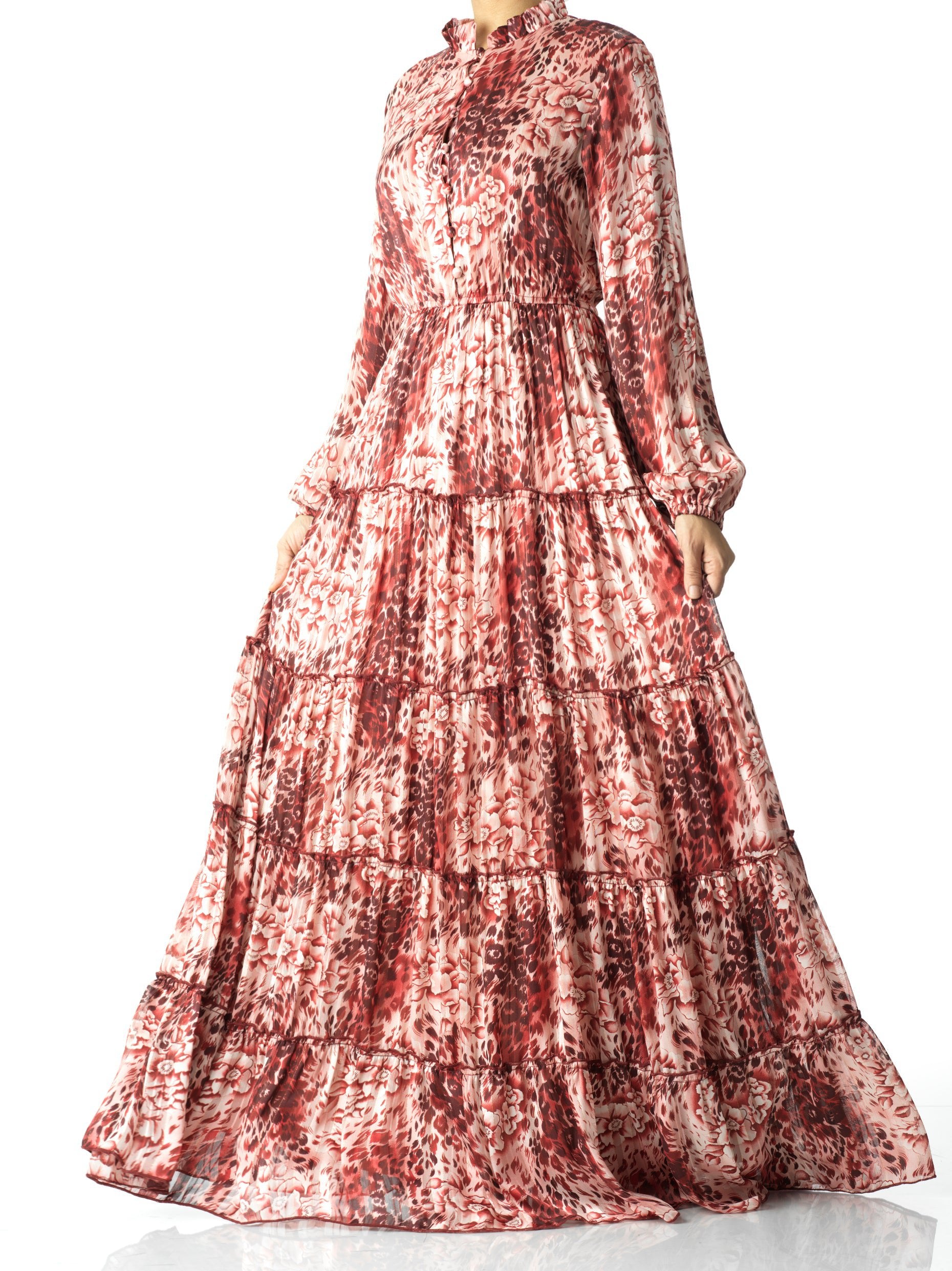 Maroon cheetah floral Anitta tiered chiffon maxi dress Kabayare