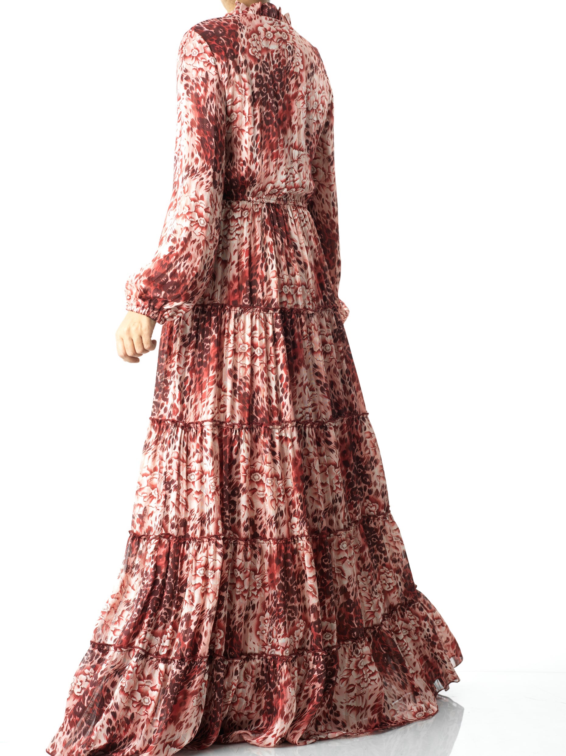 Maroon cheetah floral Anitta tiered chiffon maxi dress Kabayare