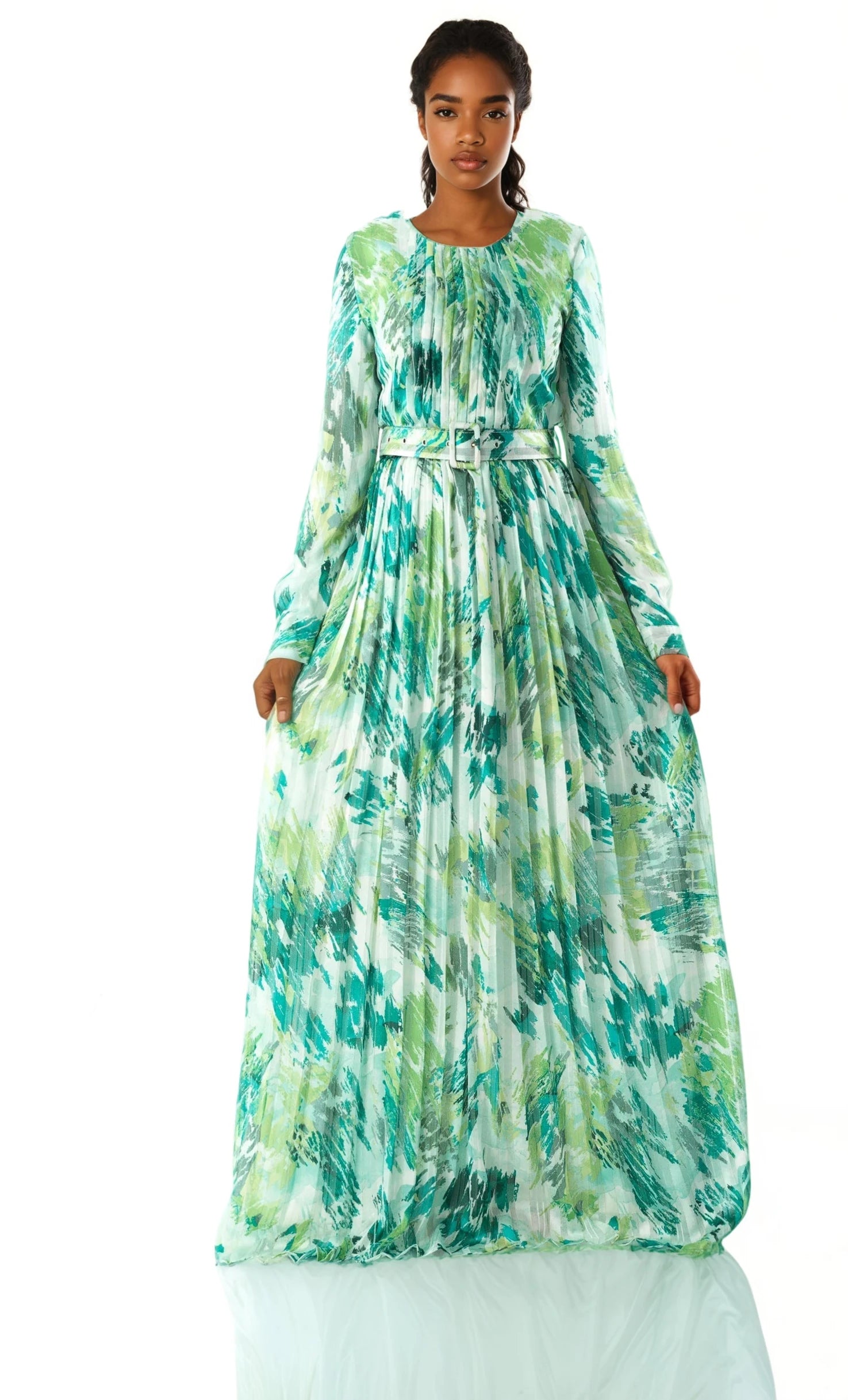 Modest dress Fardowsa Abstract print silk chiffon shimmer Kabayare