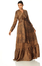 Modest maxi dress Brown cheetah print satin Kabayare