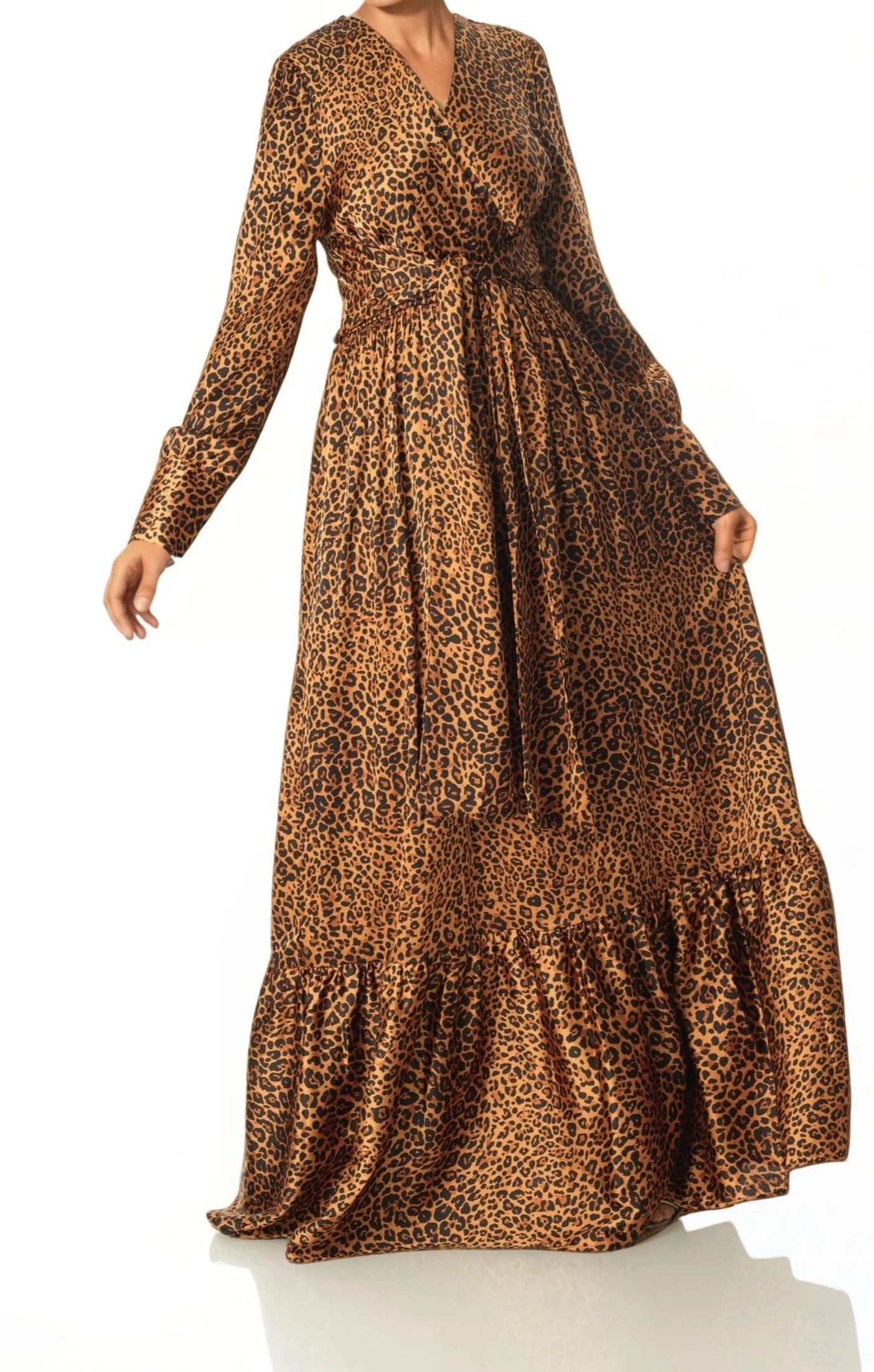 Modest maxi dress Brown cheetah print satin Kabayare