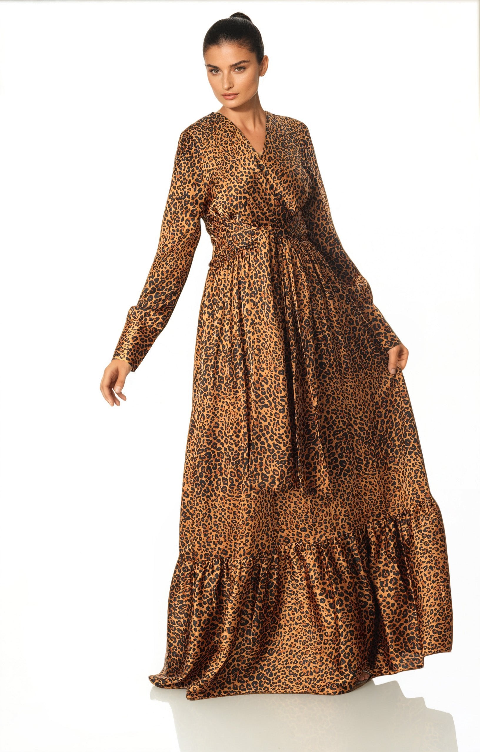 Modest maxi dress Brown cheetah print satin Kabayare