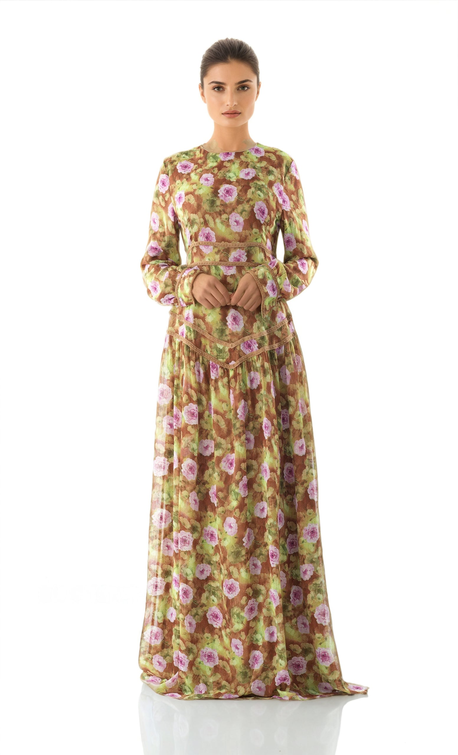 Rana peony print chiffon shimmer modest dress Kabayare