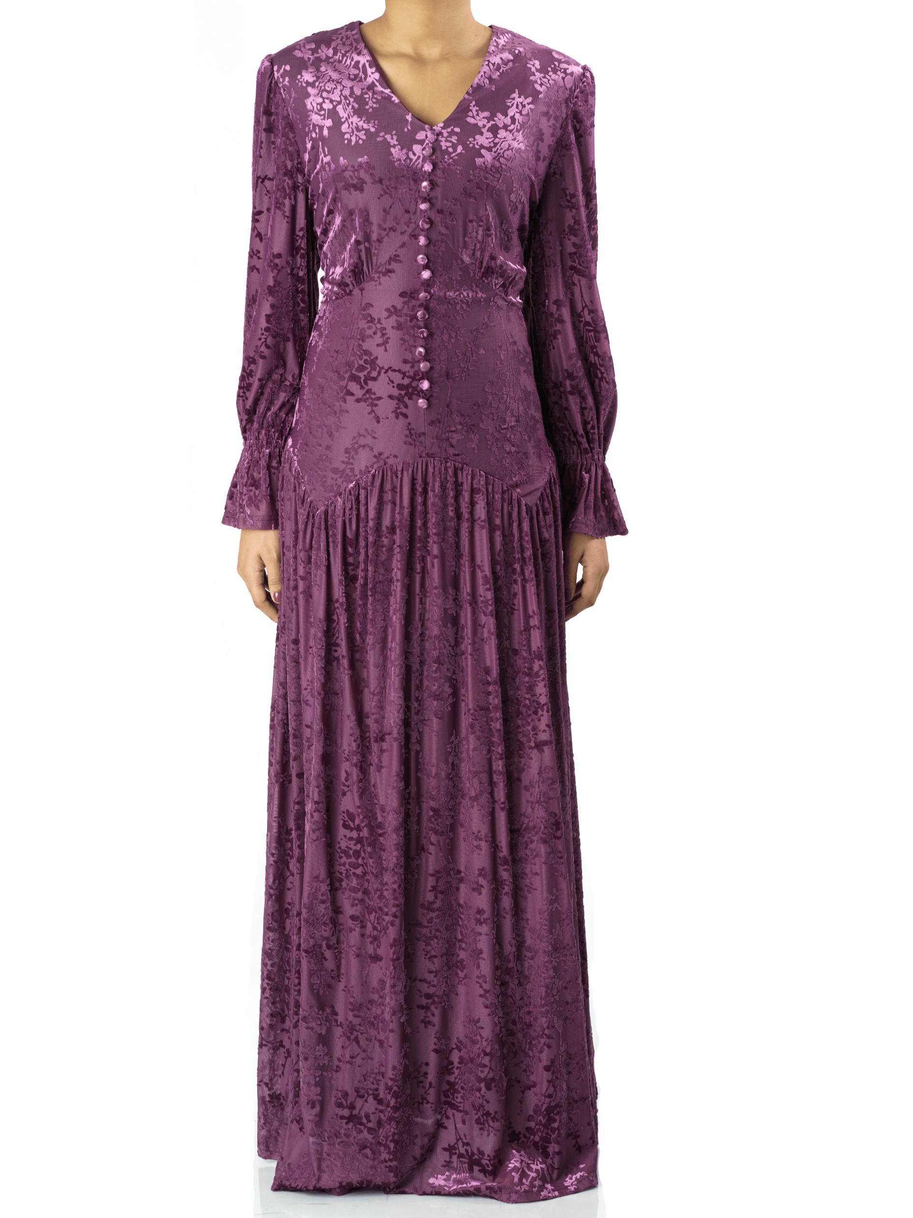 Zaria Eggplant velvet burnout modest maxi dress Kabayare