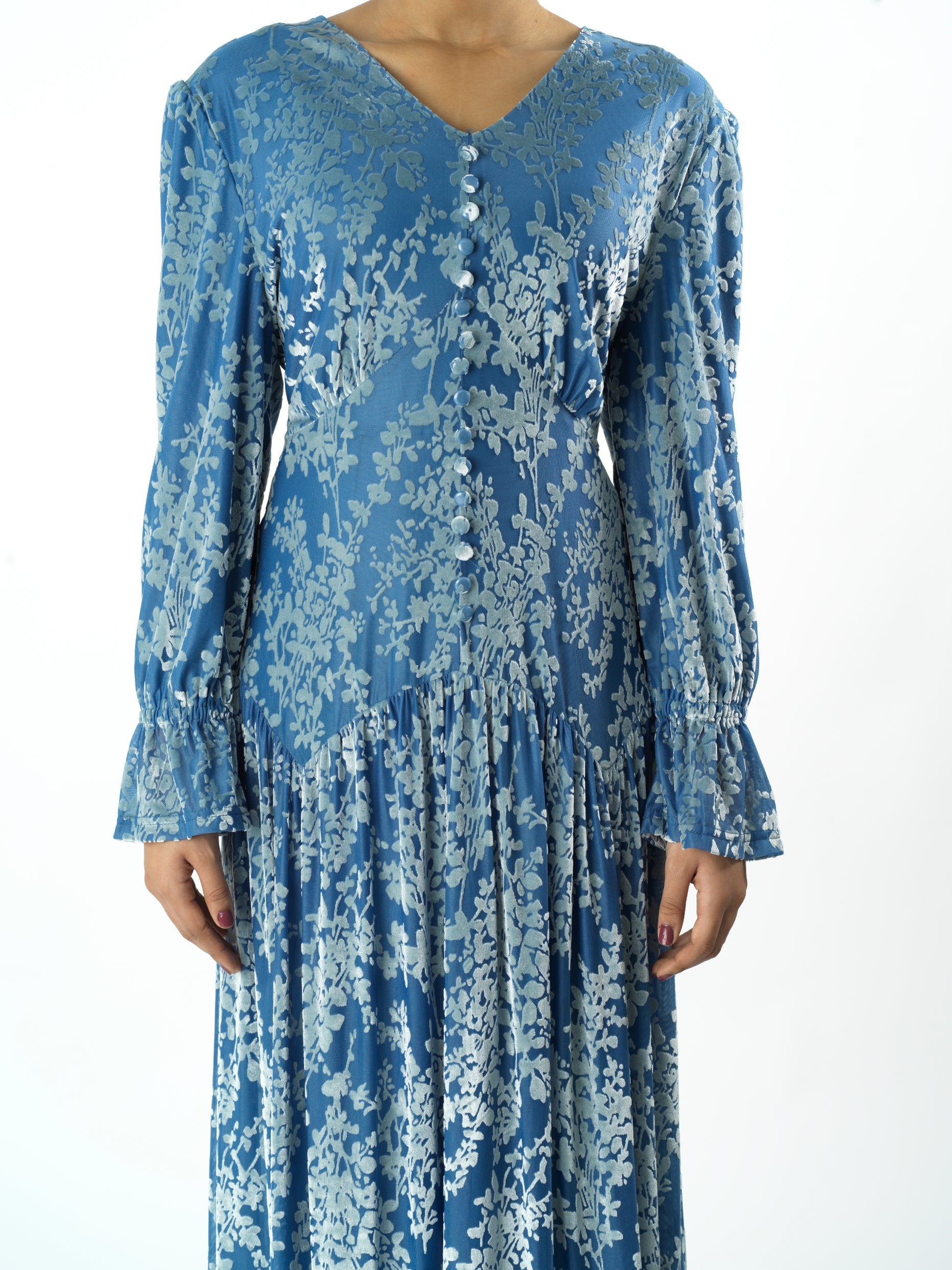 Zaria Pretty Blue velvet burnout modest maxi dress Kabayare