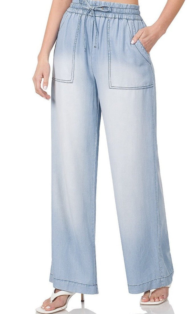 CHAMBRAY DRAWSTRING WIDE LEG PANTS KF