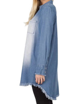 CHAMBRAY FRAYED HEM LONGLINE SHIRTS - HI-LOW HEM KF