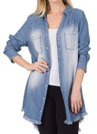 CHAMBRAY FRAYED HEM LONGLINE SHIRTS - HI-LOW HEM KF