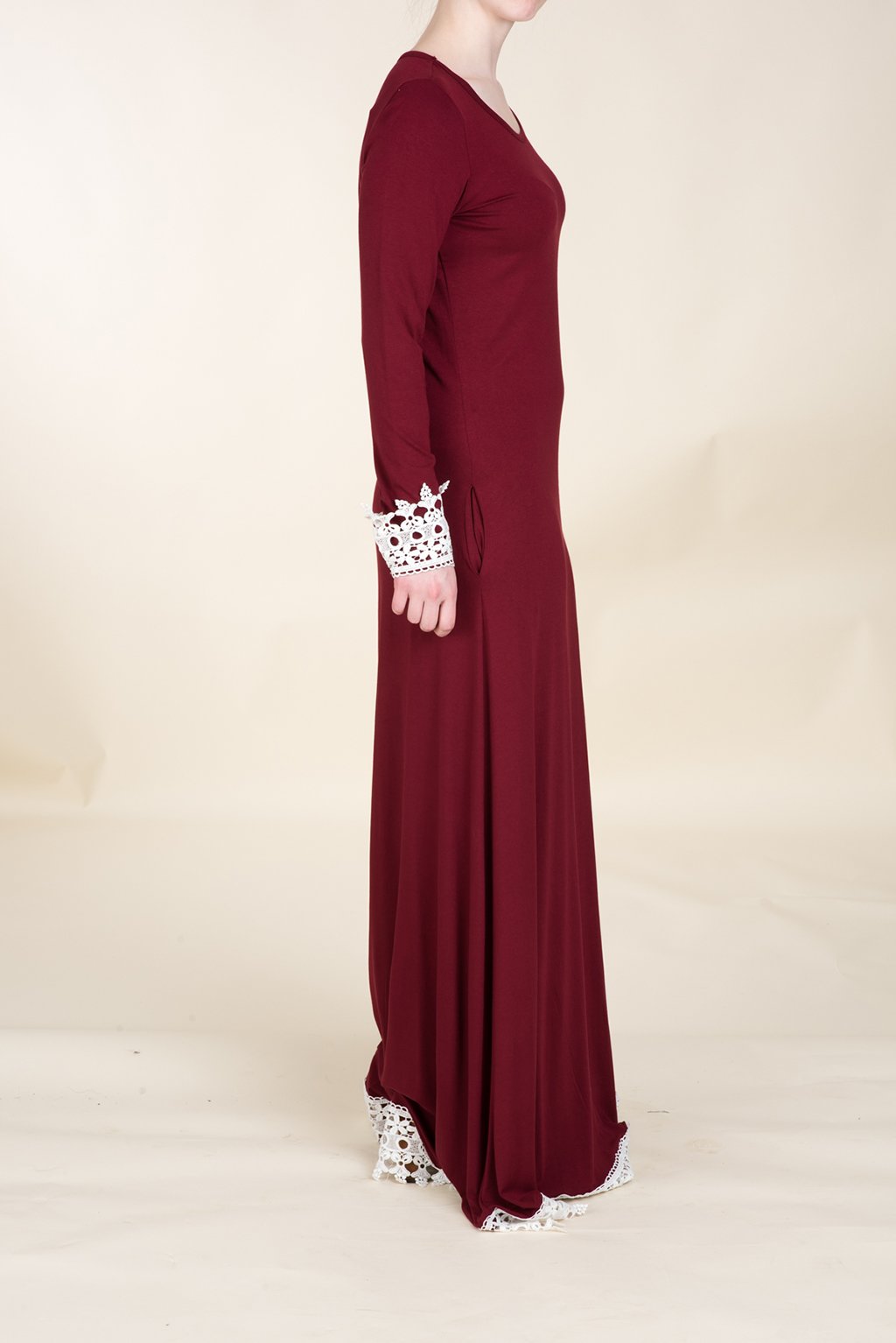 Maroon Lace Trim Jersey Dress Kabayare