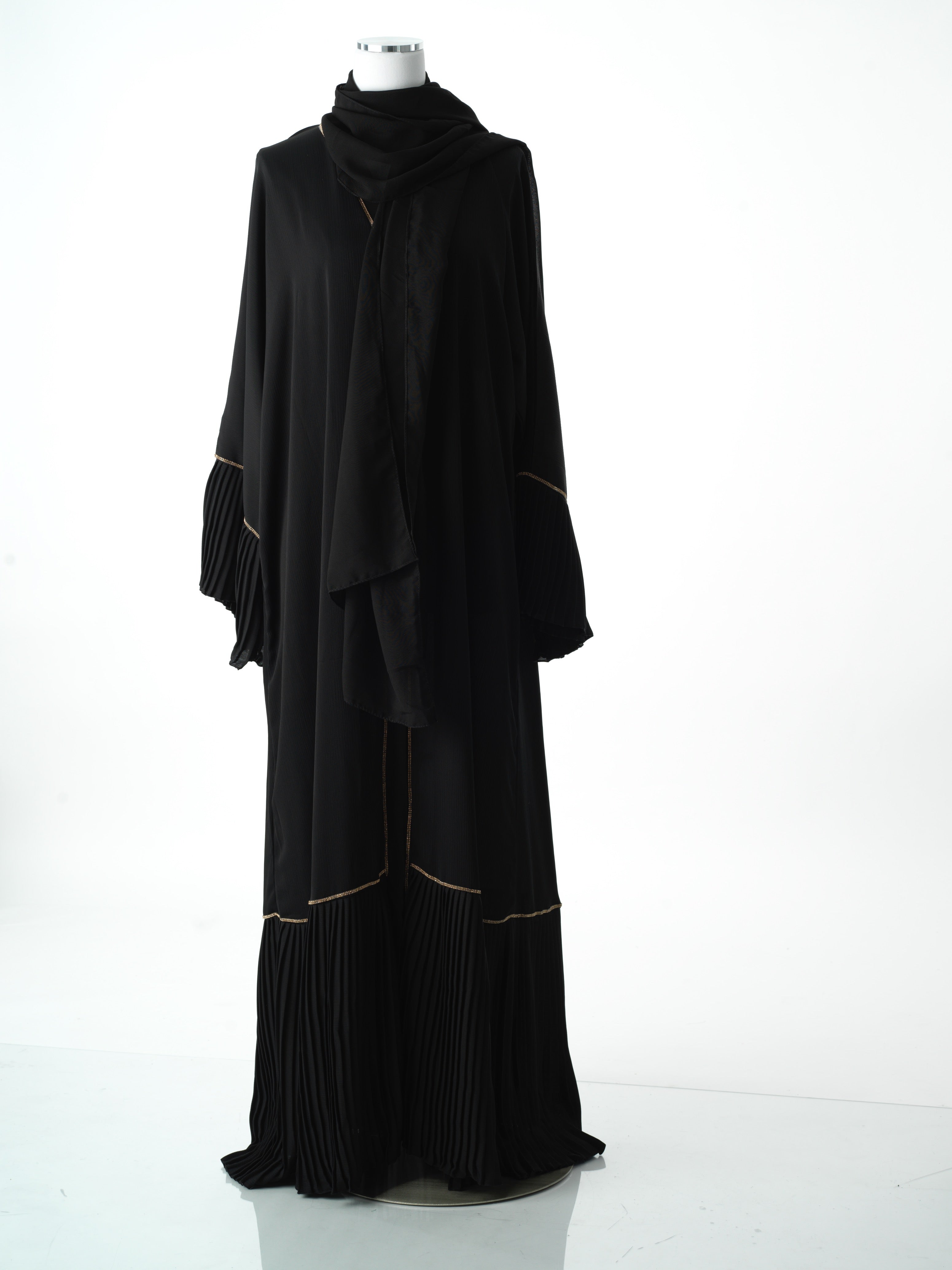 Pleated golden detail linen abaya Kabayare