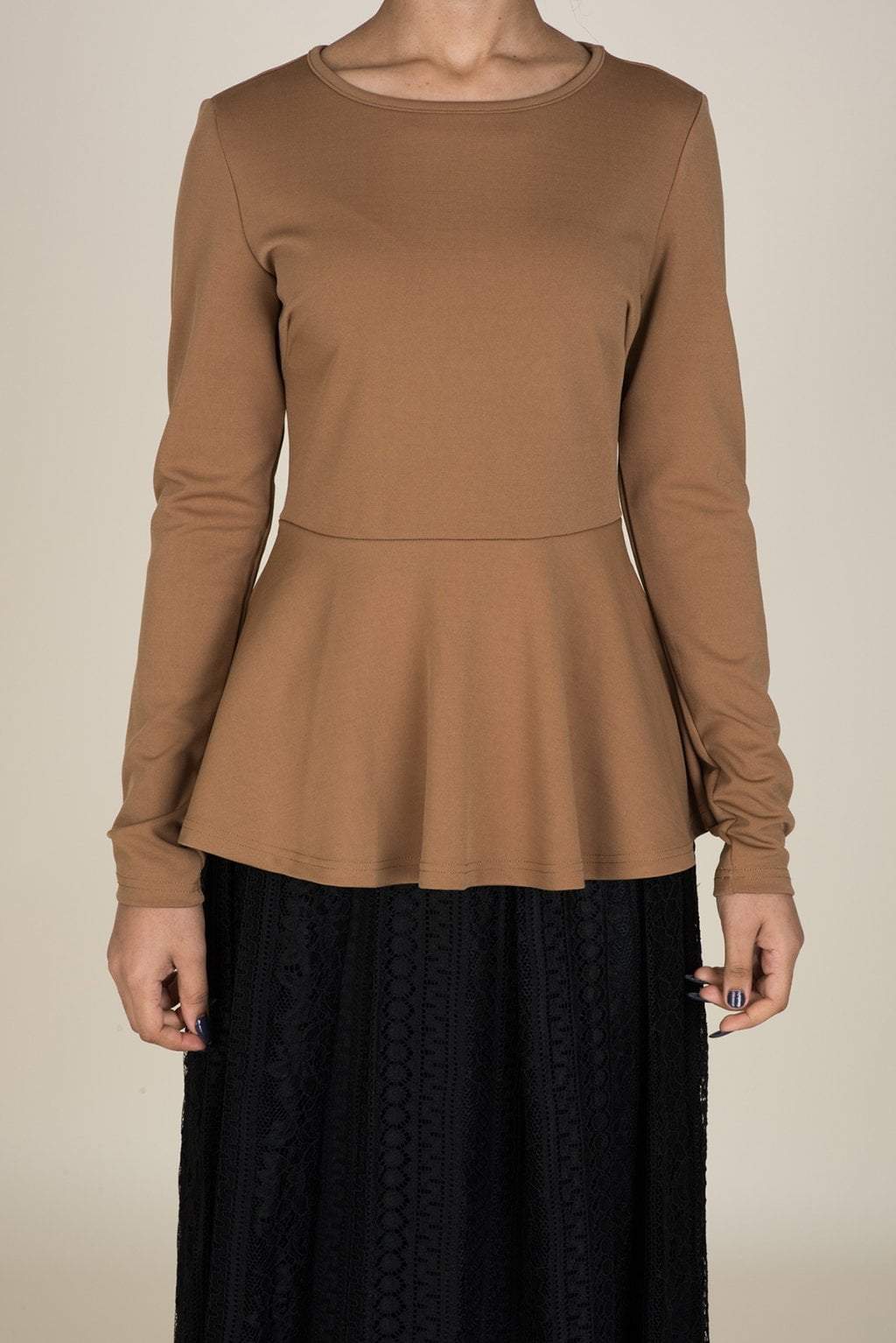 Tan Long Sleeve Peplum Top Kabayare