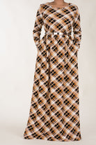 Tan Plaid Textured Print Dress Kabayare